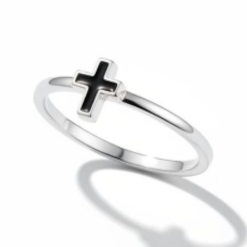 NWT Beautiful Simple Black Cross On Silver Band Size 6.5 Ring!